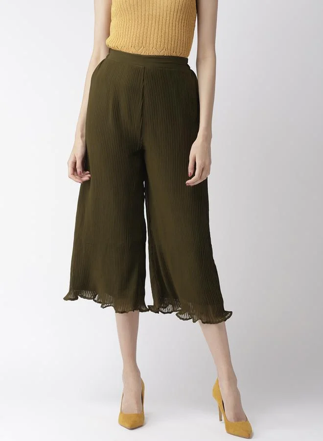Mish Women Olive Green Pleated Flared Trousers